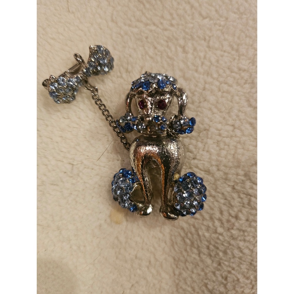 Vintage Silver Tone Blue Rhinestone Poodle and Bow Chatelaine Brooch Pin Set